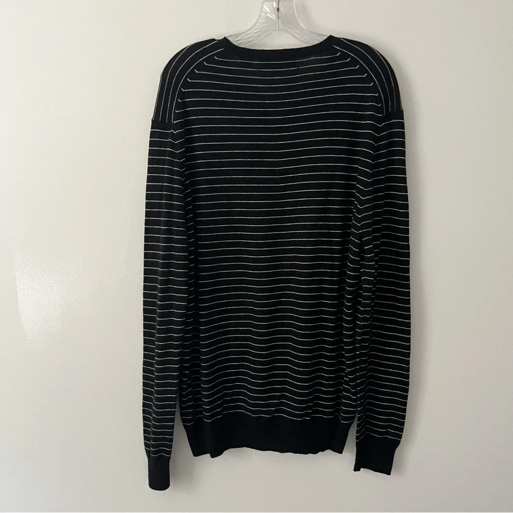 Neiman Marcus Cashmere Cotton Black White Stripe V Neck Sweater Preppy Knit XL